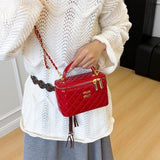 Every Fashion Quilted Patent Box Handbag with Top Handle and Chain Strap