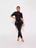 MB FASHION Mesh Panel Jumpsuit - Mock Neck Bodysuit 2273