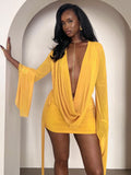 MB FASHION Deep V Plunging Neckline Long Sleeve Draped Mini Skirt Set 6101