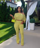 MB FASHION Ruched Off-Shoulder Top & High-Waist Flared Pants Set 9532