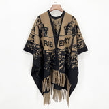 Every Fashion Fringe Hem Graphic Knit Poncho Wrap