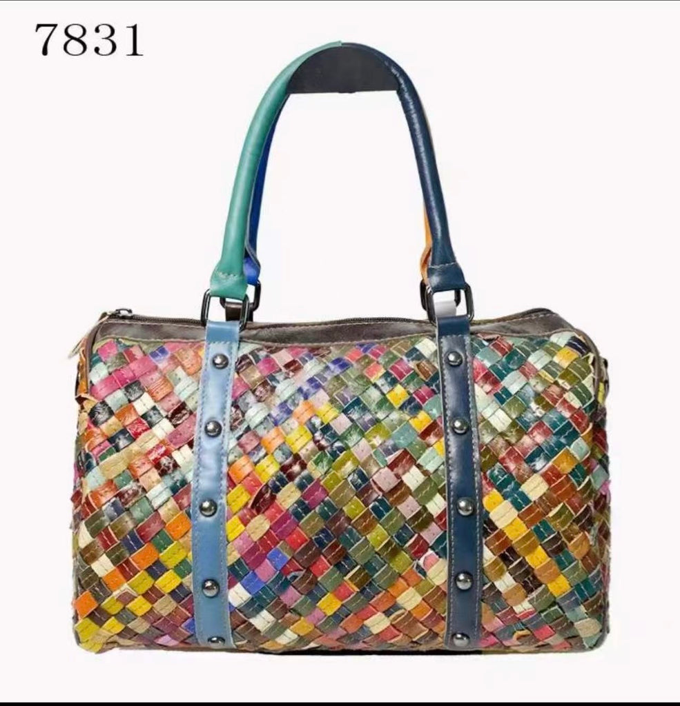 EVERY FASHION Colorful Woven Leather Patchwork Satchel