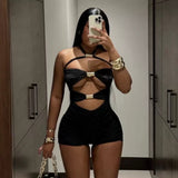 MB FASHION Cut-Out Halter Romper – Ruched High-Waist Short Jumpsuit