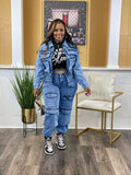 MB FASHION Denim Cargo Set – Cropped Zip Jacket and Pocket Joggers 8158