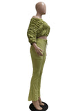 MB FASHION Ruched Off-Shoulder Top & High-Waist Flared Pants Set 9532