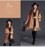 Every Fashion Elegant Fringe Trim Poncho Wrap with Classic Stripe Accent