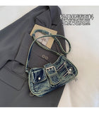 EVERY FASHION Distressed Denim Multi-Pocket Shoulder Bag with Hardware Details