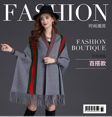 Every Fashion Elegant Fringe Trim Poncho Wrap with Classic Stripe Accent