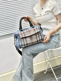 Every Fashion Denim Embellished Top-Handle Satchel with Plaid Front Pocket