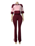 MB FASHION Two-Piece Colorblock Polo Crop and Flare Set 6036