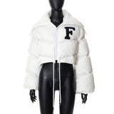MB FASHION Letter Patch Cropped Puffer Jacket with Fleece Collar 392
