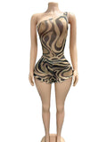MB FASHION One-Shoulder Mesh Top & Ruffle Hem Shorts Set 1475