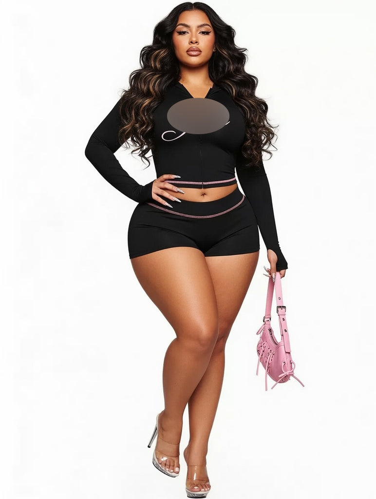 MB FASHION Zip-Up Long Sleeve Crop Top & Shorts Set 6011