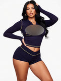 MB FASHION Zip-Up Long Sleeve Crop Top & Shorts Set 6011