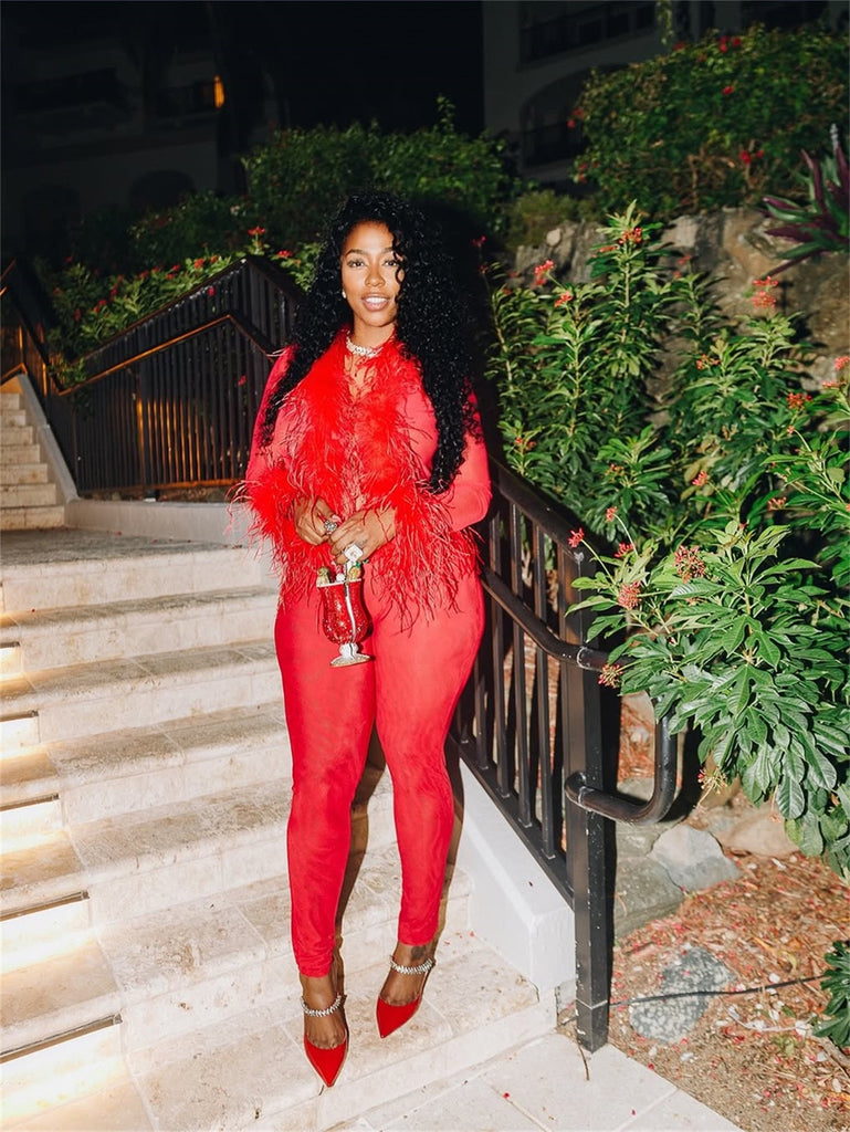 MB FASHION Feather Trim Sheer Jumpsuit Set 65