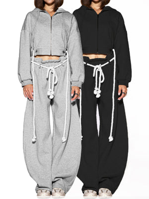 MB FASHION Two-Piece Drawstring Lounge Set – Cropped Zip-Up Hoodie & High-Waist Wide Leg Balloon Joggers 5072