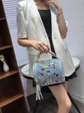 EVERY FASHION Luxury Blue Rhinestone Barrel Bag – Crystal Embellished Denim Cylinder Crossbody