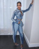 MB FASHION Two-Piece Zip-Up Denim Jacket and High-Waist Jeans Set 8196