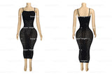 MB FASHION Black Spaghetti Strap Laser-Cut Spiral Mesh Bodycon Midi Dress 7117