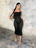 MB FASHION Black Spaghetti Strap Laser-Cut Spiral Mesh Bodycon Midi Dress 7117