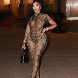 MB FASHION Sheer Printed Short Sleeve Mesh Jumpsuit 9707