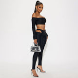 MB FASHION Off-Shoulder Long Sleeve Crop Top & Cutout High-Waist Leggings Set 318