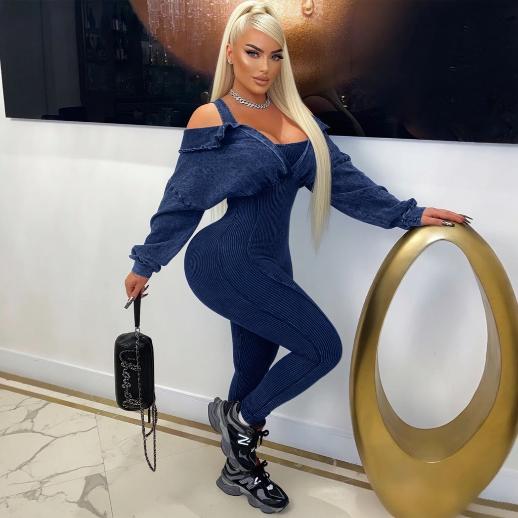 MB FASHION HIGH QUALITY Off-Shoulder Ruffled Collar Long Sleeve Jumpsuit 10820