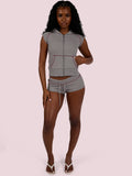 MB FASHION Waffle Knit Short Sleeve Hooded Zip-Up Crop Top & Shorts 2 PCS SET