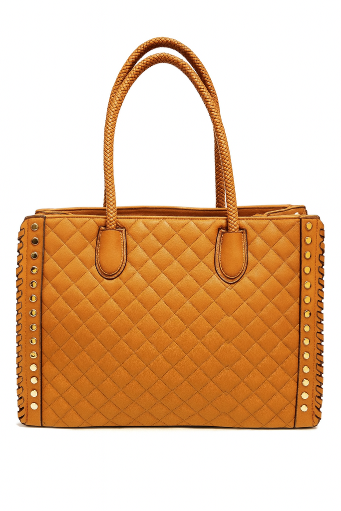 EVERY FASHION Quilted Structured Tote Bag with Studded Detailing and Matching Wallet XC-6864W
