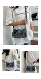 EVERY FASHION Distressed Denim Multi-Pocket Shoulder Bag with Hardware Details
