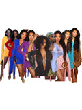 MB FASHION Deep V Plunging Neckline Long Sleeve Draped Mini Skirt Set 6101