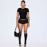 MB FASHION Sheer Mesh Short Sleeve Crop Top & High-Waisted Shorts Set 559