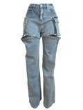 MB FASHION High-Waisted Detachable Cargo Overlay Jeans 8007LY