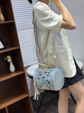 EVERY FASHION Luxury Blue Rhinestone Barrel Bag – Crystal Embellished Denim Cylinder Crossbody