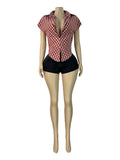 MB FASHION Short Sleeve Collared Plaid Button-Up Top 6017