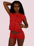 MB FASHION Waffle Knit Short Sleeve Hooded Zip-Up Crop Top & Shorts 2 PCS SET