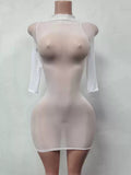 MB FASHION Long Sleeve Sheer Mesh Bodycon Mini Dress 1472