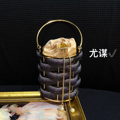 EVERY FASHION Beaded Cylinder Evening Bag with Drawstring Pouch and Pearl Chain Accent