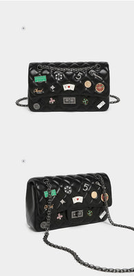 EVERY FASHION Quilted Chain Shoulder Bag with Charm Patch Details
