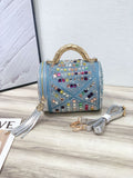 EVERY FASHION Luxury Blue Rhinestone Barrel Bag – Crystal Embellished Denim Cylinder Crossbody