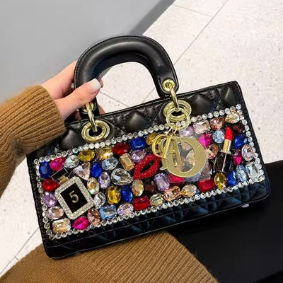 Every Fashion Quilted Top-Handle Bag with Gemstone Embellishments and Charm Accents