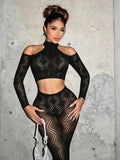 MB FASHION Black Geometric Mesh Cold-Shoulder Crop Top & High-Waist Leggings Set 7118