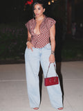 MB FASHION Short Sleeve Collared Plaid Button-Up Top 6017