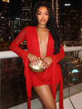 MB FASHION Deep V Plunging Neckline Long Sleeve Draped Mini Skirt Set 6101