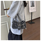 EVERY FASHION Distressed Denim Multi-Pocket Shoulder Bag with Hardware Details