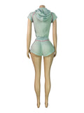 MB FASHION Waffle Knit Short Sleeve Hooded Zip-Up Crop Top & Shorts 2 PCS SET