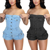 MB FASHION Strapless Button-Up Denim Romper with Pockets 8554LY