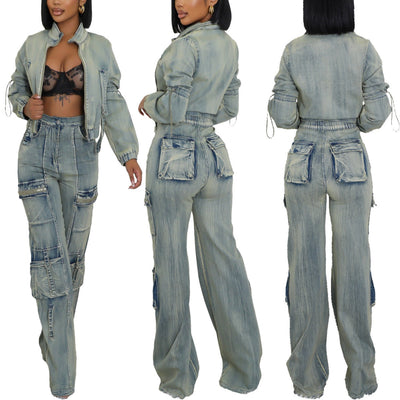 MALYBGG Women's Fashionable 2-Piece Washed Denim Set, Sexy, Elastic with Pockets ZZ-27771