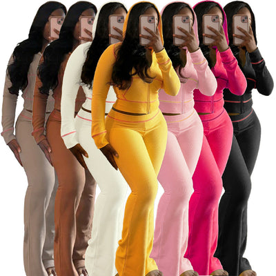 MB FASHION Cropped Hoodie and High-Waisted Flared Pants Set 4058