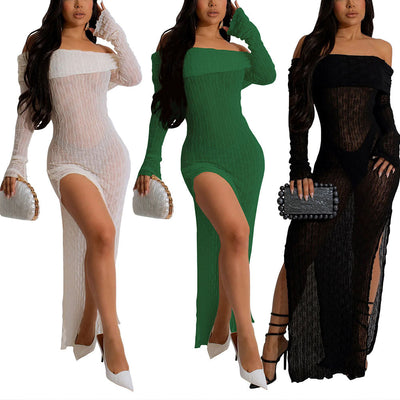 MALYBGG One-Shoulder Long Sleeve See-Through Slit Dress 10782LY